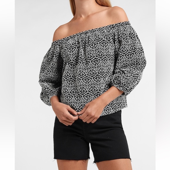 Express Tops - NWT! Express Black Embroidered Off The Shoulder Balloon Sleeve Top